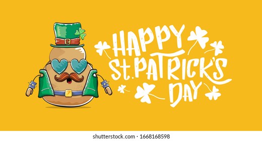 Happy saint patricks day greeting horizontal banner with funky leprechaun rock star potato character with green particks hat and text isolated on orange background. Hipster vegetable funky character
