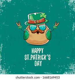 Happy saint patricks day greeting card with funky leprechaun rock star potato character with green particks hat isolated on turquoise background.  Rock n roll hipster vegetable funky character