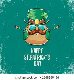 Happy saint patricks day greeting card with funky leprechaun rock star potato character with green particks hat isolated on turquoise background.  Rock n roll hipster vegetable funky character