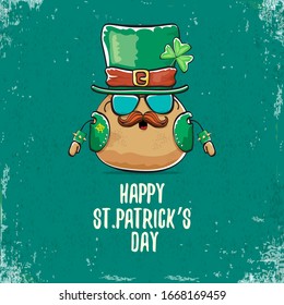 Happy saint patricks day greeting card with funky leprechaun rock star potato character with green particks hat isolated on turquoise background.  Rock n roll hipster vegetable funky character