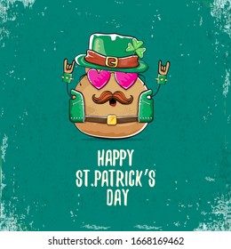 Happy saint patricks day greeting card with funky leprechaun rock star potato character with green particks hat isolated on turquoise background.  Rock n roll hipster vegetable funky character