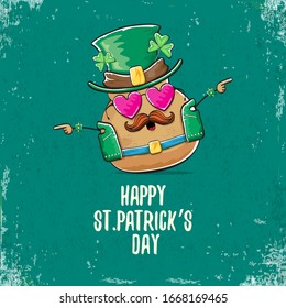 Happy saint patricks day greeting card with funky leprechaun rock star potato character with green particks hat isolated on turquoise background.  Rock n roll hipster vegetable funky character