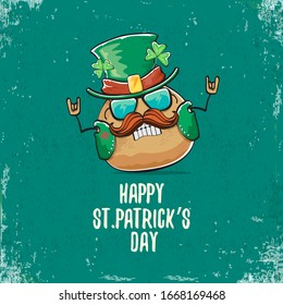 Happy saint patricks day greeting card with funky leprechaun rock star potato character with green particks hat isolated on turquoise background.  Rock n roll hipster vegetable funky character