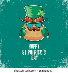 Happy saint patricks day greeting card with funky leprechaun rock star potato character with green particks hat isolated on turquoise background.  Rock n roll hipster vegetable funky character