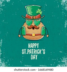 Happy saint patricks day greeting card with funky leprechaun rock star potato character with green particks hat isolated on turquoise background.  Rock n roll hipster vegetable funky character