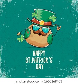 Happy saint patricks day greeting card with funky leprechaun rock star potato character with green particks hat isolated on turquoise background.  Rock n roll hipster vegetable funky character