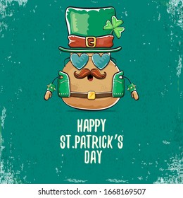 Happy saint patricks day greeting card with funky leprechaun rock star potato character with green particks hat isolated on turquoise background.  Rock n roll hipster vegetable funky character