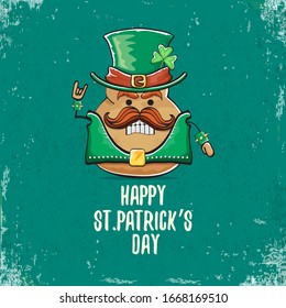 Happy saint patricks day greeting card with funky leprechaun rock star potato character with green particks hat isolated on turquoise background.  Rock n roll hipster vegetable funky character