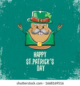 Happy saint patricks day greeting card with funky leprechaun rock star potato character with green particks hat isolated on turquoise background.  Rock n roll hipster vegetable funky character