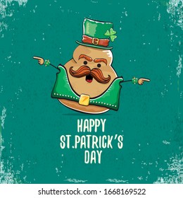 Happy saint patricks day greeting card with funky leprechaun rock star potato character with green particks hat isolated on turquoise background.  Rock n roll hipster vegetable funky character