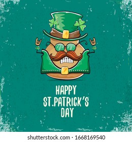 Happy saint patricks day greeting card with funky leprechaun rock star potato character with green particks hat isolated on turquoise background.  Rock n roll hipster vegetable funky character