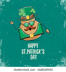 Happy saint patricks day greeting card with funky leprechaun rock star potato character with green particks hat isolated on turquoise background.  Rock n roll hipster vegetable funky character