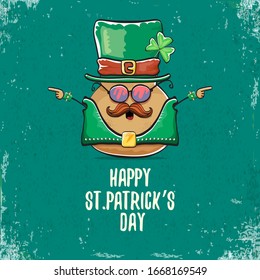 Happy saint patricks day greeting card with funky leprechaun rock star potato character with green particks hat isolated on turquoise background.  Rock n roll hipster vegetable funky character