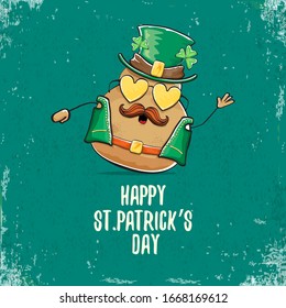 Happy saint patricks day greeting card with funky leprechaun rock star potato character with green particks hat isolated on turquoise background.  Rock n roll hipster vegetable funky character