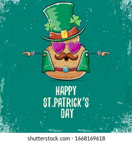 Happy saint patricks day greeting card with funky leprechaun rock star potato character with green particks hat isolated on turquoise background.  Rock n roll hipster vegetable funky character