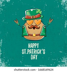 Happy saint patricks day greeting card with funky leprechaun rock star potato character with green particks hat isolated on turquoise background.  Rock n roll hipster vegetable funky character
