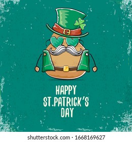 Happy saint patricks day greeting card with funky leprechaun rock star potato character with green particks hat isolated on turquoise background.  Rock n roll hipster vegetable funky character