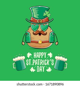 Happy saint patricks day greeting card with funky leprechaun rock star potato character with green particks hat and beer isolated on green background. Rock n roll hipster vegetable funky character