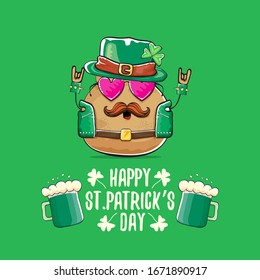 Happy saint patricks day greeting card with funky leprechaun rock star potato character with green particks hat and beer isolated on green background. Rock n roll hipster vegetable funky character