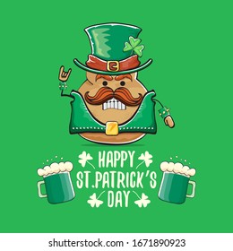 Happy saint patricks day greeting card with funky leprechaun rock star potato character with green particks hat and beer isolated on green background. Rock n roll hipster vegetable funky character