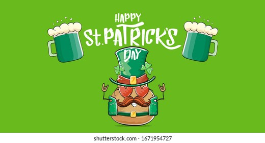 Happy saint patricks day greeting horizontal banner with funky leprechaun rock star potato character with green particks hat, beer and text isolated on green background.  vegetable funky character