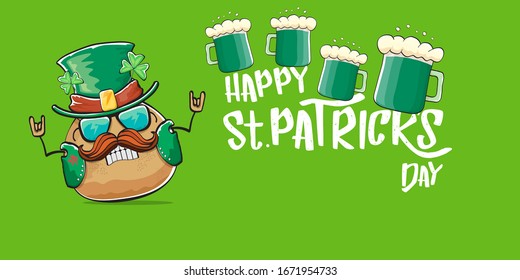 Happy saint patricks day greeting horizontal banner with funky leprechaun rock star potato character with green particks hat, beer and text isolated on green background.  vegetable funky character
