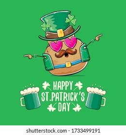 Happy saint patricks day greeting card with funky leprechaun rock star potato character with green particks hat and beer isolated on green background. Rock n roll hipster vegetable funky character