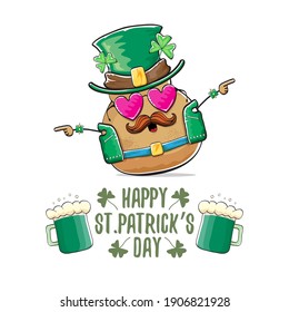 Happy Saint Patrick's day greeting card with funky leprechaun rock star potato character with green particks hat and beer isolated on white background. Rock n roll hipster vegetable funky character