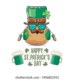 Happy Saint Patrick's day greeting card with funky leprechaun rock star potato character with green particks hat and beer isolated on white background. Rock n roll hipster vegetable funky character