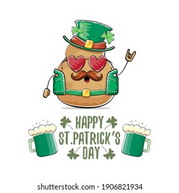 Happy Saint Patrick's day greeting card with funky leprechaun rock star potato character with green particks hat and beer isolated on white background. Rock n roll hipster vegetable funky character