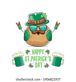 Happy Saint Patrick's day greeting card with funky leprechaun rock star potato character with green particks hat and beer isolated on white background. Rock n roll hipster vegetable funky character