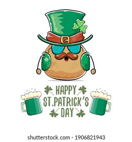Happy Saint Patrick's day greeting card with funky leprechaun rock star potato character with green particks hat and beer isolated on white background. Rock n roll hipster vegetable funky character