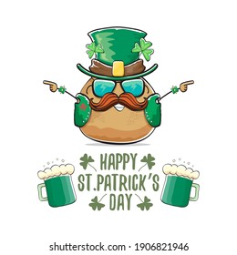 Happy Saint Patrick's day greeting card with funky leprechaun rock star potato character with green particks hat and beer isolated on white background. Rock n roll hipster vegetable funky character
