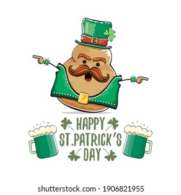 Happy Saint Patrick's day greeting card with funky leprechaun rock star potato character with green particks hat and beer isolated on white background. Rock n roll hipster vegetable funky character