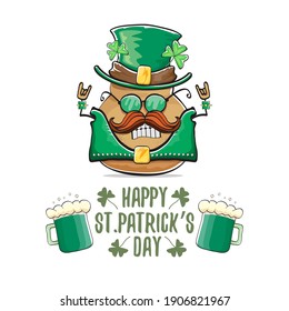 Happy Saint Patrick's day greeting card with funky leprechaun rock star potato character with green particks hat and beer isolated on white background. Rock n roll hipster vegetable funky character