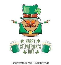 Happy Saint Patrick's day greeting card with funky leprechaun rock star potato character with green particks hat and beer isolated on white background. Rock n roll hipster vegetable funky character