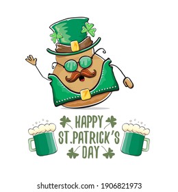Happy Saint Patrick's day greeting card with funky leprechaun rock star potato character with green particks hat and beer isolated on white background. Rock n roll hipster vegetable funky character