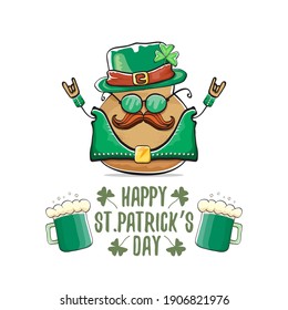 Happy Saint Patrick's day greeting card with funky leprechaun rock star potato character with green particks hat and beer isolated on white background. Rock n roll hipster vegetable funky character