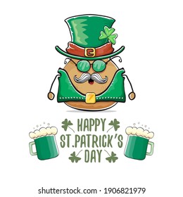 Happy Saint Patrick's day greeting card with funky leprechaun rock star potato character with green particks hat and beer isolated on white background. Rock n roll hipster vegetable funky character