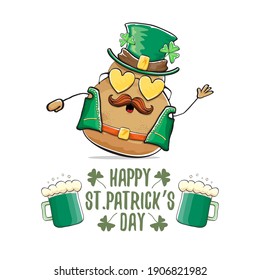 Happy Saint Patrick's day greeting card with funky leprechaun rock star potato character with green particks hat and beer isolated on white background. Rock n roll hipster vegetable funky character