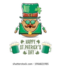 Happy Saint Patrick's day greeting card with funky leprechaun rock star potato character with green particks hat and beer isolated on white background. Rock n roll hipster vegetable funky character