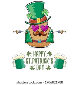Happy Saint Patrick's day greeting card with funky leprechaun rock star potato character with green particks hat and beer isolated on white background. Rock n roll hipster vegetable funky character