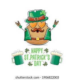 Happy Saint Patrick's day greeting card with funky leprechaun rock star potato character with green particks hat and beer isolated on white background. Rock n roll hipster vegetable funky character