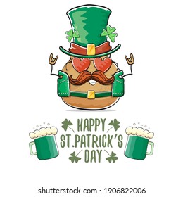 Happy Saint Patrick's day greeting card with funky leprechaun rock star potato character with green particks hat and beer isolated on white background. Rock n roll hipster vegetable funky character