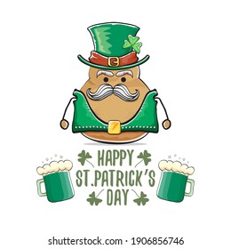 Happy Saint Patrick's day greeting card with funky leprechaun rock star potato character with green particks hat and beer isolated on white background. Rock n roll hipster vegetable funky character