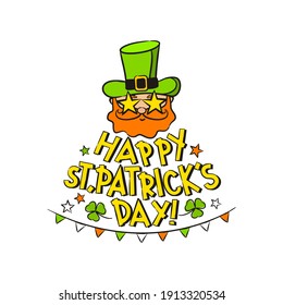 Happy Saint Patrick's Day greeting logo. Hand drawn festive lettering with Leprechaun in a green hat, Irish flags and clover leaves isolated on white background. Vector illustration