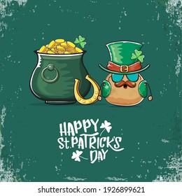 Happy Saint Patrick's day greeting card with funky leprechaun potato character with green particks hat and Pot Full of Golden Coins on green background. Rock n roll patricks day  funky character