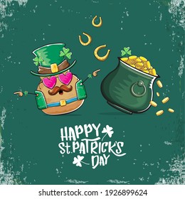 Happy Saint Patrick's day greeting card with funky leprechaun potato character with green particks hat and Pot Full of Golden Coins on green background. Rock n roll patricks day  funky character