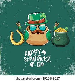 Happy Saint Patrick's day greeting card with funky leprechaun potato character with green particks hat and Pot Full of Golden Coins on green background. Rock n roll patricks day  funky character