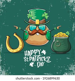 Happy Saint Patrick's day greeting card with funky leprechaun potato character with green particks hat and Pot Full of Golden Coins on green background. Rock n roll patricks day  funky character